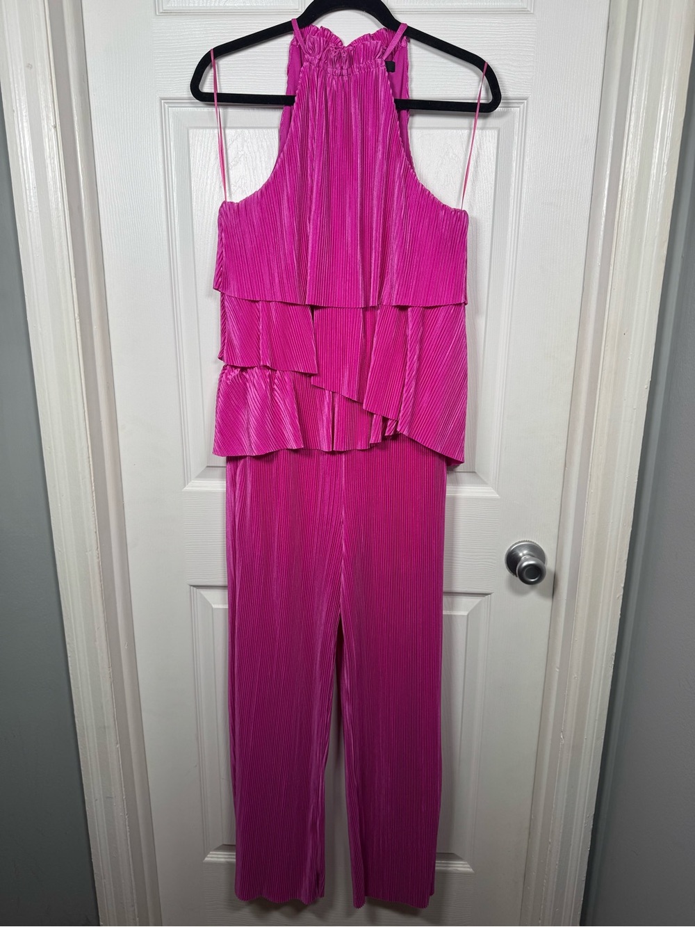 NWT Strut & Bolt Pleated Tiered Halter Jumpsuit Magenta Pink L